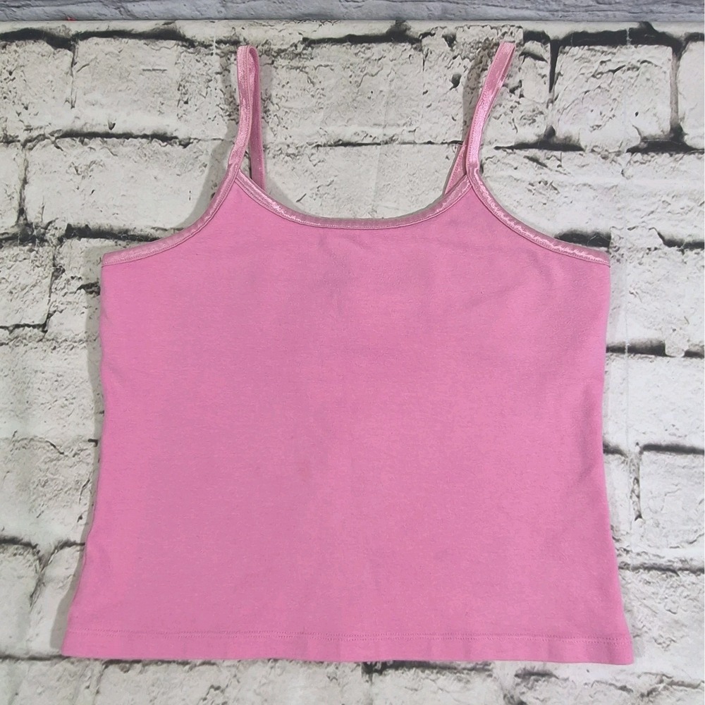 Vtg Y2K 90s Pink Cami Tank Top Size XL Satin Trim Crop Built In Bra Energy Spot